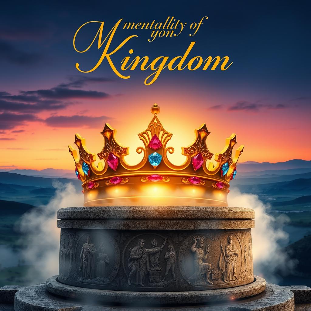 A book cover design featuring a majestic, glowing crown symbolizing the mentality of a kingdom