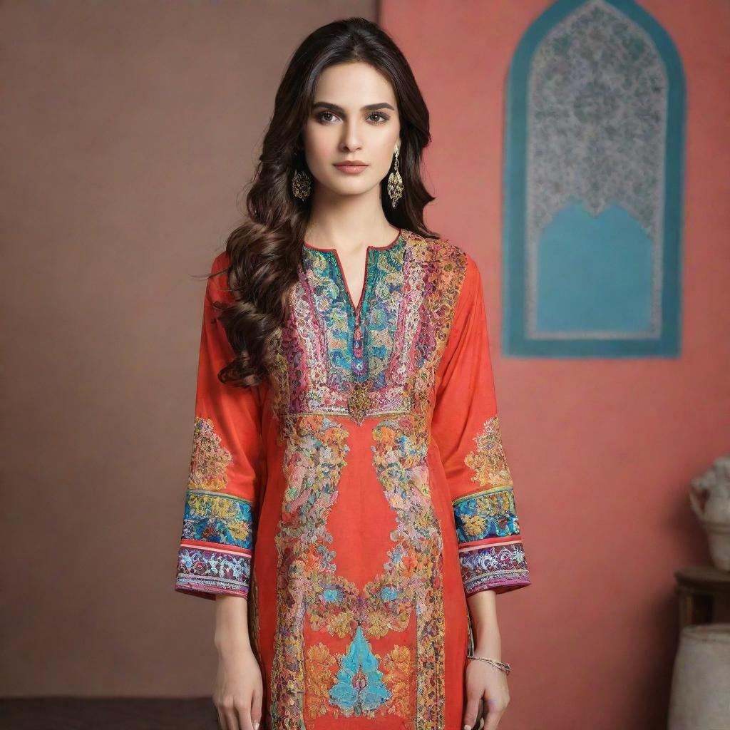 Design a mockup for the Manto brand of Pakistan, showcasing their fashion line against an engaging backdrop that captures the essence of the country. Feature vivid colors, intricate designs, and cultural elements.