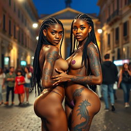 two athletic twin black girls with beautifully braided hair, gracefully adorned with vibrant, artistic tattoos that wrap around their bodies like a living canvas, standing in the enchanting streets of Rome at night