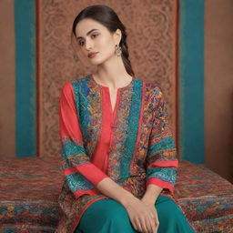 Design a mockup for the Manto brand of Pakistan, showcasing their fashion line against an engaging backdrop that captures the essence of the country. Feature vivid colors, intricate designs, and cultural elements.