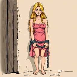 a 25-year-old blonde woman depicted as a slave with a vacant stare, leaning against a wall