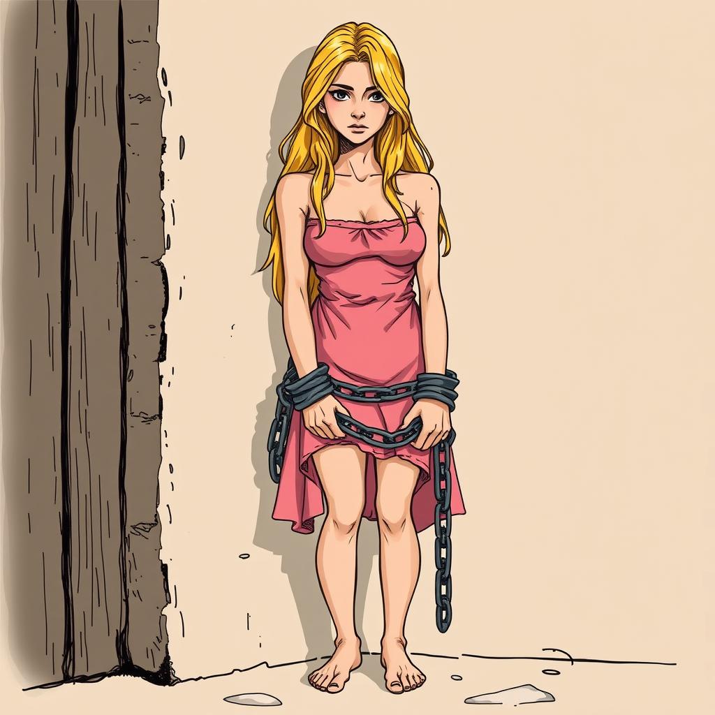 a 25-year-old blonde woman depicted as a slave with a vacant stare, leaning against a wall