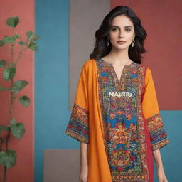 Design a mockup for the Manto brand of Pakistan, showcasing their fashion line against an engaging backdrop that captures the essence of the country. Feature vivid colors, intricate designs, and cultural elements.