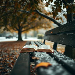 A serene and artistic photograph capturing a book resting on a bench under the shading branches of a plane tree