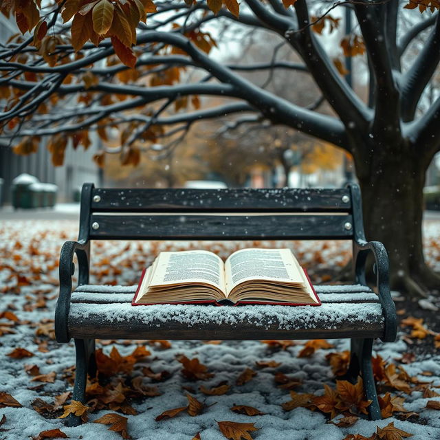 A serene and artistic photograph capturing a book resting on a bench under the shading branches of a plane tree