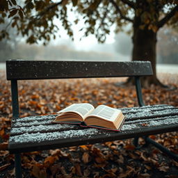 A serene and artistic photograph capturing a book resting on a bench under the shading branches of a plane tree