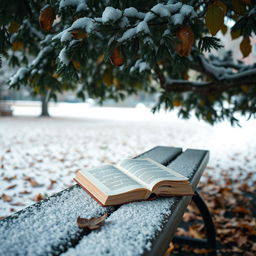 A serene and artistic photograph capturing a book resting on a bench under the shading branches of a plane tree