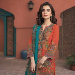 Design a mockup for the Manto brand of Pakistan, showcasing their fashion line against an engaging backdrop that captures the essence of the country. Feature vivid colors, intricate designs, and cultural elements.