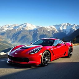 A sleek sports car parked on a scenic mountain road, capturing the vibrant red color with sunlit reflections on its glossy surface