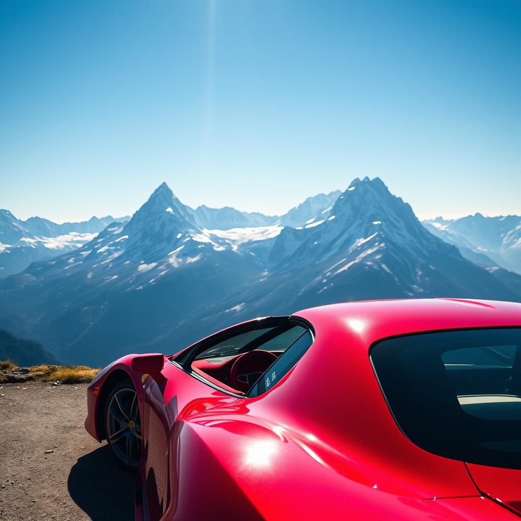 A sleek sports car parked on a scenic mountain road, capturing the vibrant red color with sunlit reflections on its glossy surface