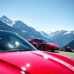 A sleek sports car parked on a scenic mountain road, capturing the vibrant red color with sunlit reflections on its glossy surface