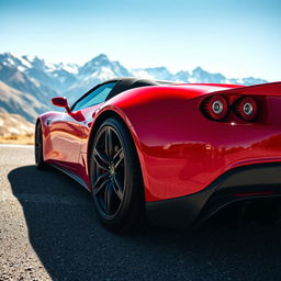 A sleek sports car parked on a scenic mountain road, capturing the vibrant red color with sunlit reflections on its glossy surface