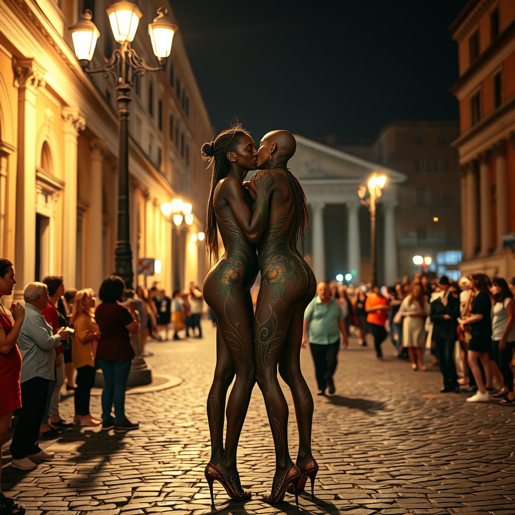 Two skinny twin black women with long legs, adorned with intricate body paint, passionately kissing in the vibrant streets of Rome at night