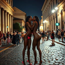 Two skinny twin black women with long legs, adorned with intricate body paint, passionately kissing in the vibrant streets of Rome at night