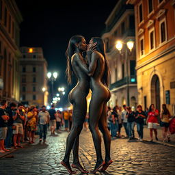 Two skinny twin black women with long legs, adorned with intricate body paint, passionately kissing in the vibrant streets of Rome at night