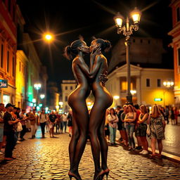 Two skinny twin black women with long legs, adorned with intricate body paint, passionately kissing in the vibrant streets of Rome at night