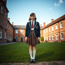 a British school girl in a traditional school uniform with a pleated skirt, tie, and blazer, standing in a classic British schoolyard surrounded by old brick buildings and lush green lawns, under a clear blue sky, evoking a sense of nostalgia and tradition