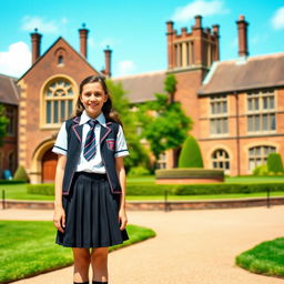 a British school girl in a traditional school uniform with a pleated skirt, tie, and blazer, standing in a classic British schoolyard surrounded by old brick buildings and lush green lawns, under a clear blue sky, evoking a sense of nostalgia and tradition