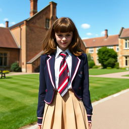 a British school girl in a traditional school uniform with a pleated skirt, tie, and blazer, standing in a classic British schoolyard surrounded by old brick buildings and lush green lawns, under a clear blue sky, evoking a sense of nostalgia and tradition