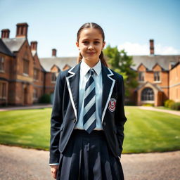 a British school girl in a traditional school uniform with a pleated skirt, tie, and blazer, standing in a classic British schoolyard surrounded by old brick buildings and lush green lawns, under a clear blue sky, evoking a sense of nostalgia and tradition