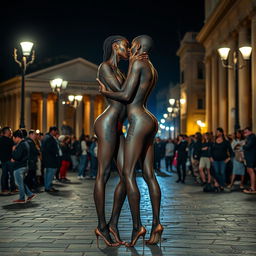 Two skinny twin black women with long legs, adorned with intricate body paint, standing in the streets of Rome at night