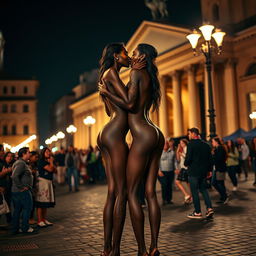 Two skinny twin black women with long legs, adorned with intricate body paint, standing in the streets of Rome at night