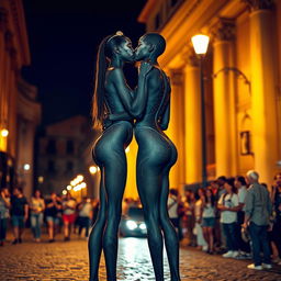 Two skinny twin black women with long legs, adorned with intricate body paint, standing in the streets of Rome at night