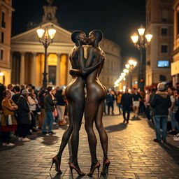 Two skinny twin black women with long legs, adorned with intricate body paint, standing in the streets of Rome at night