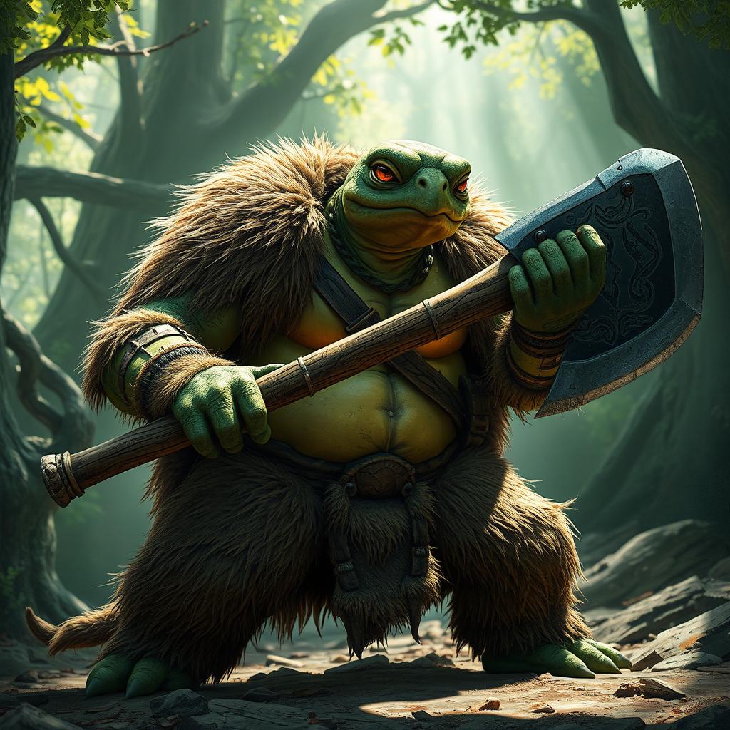 A powerful green snapping turtle warrior donning fur garments, exuding a formidable presence as it brandishes a massive axe