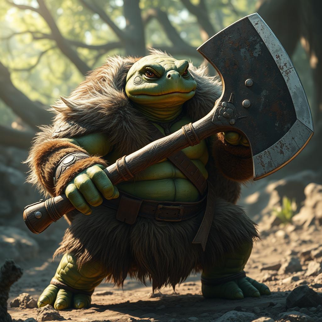 A powerful green snapping turtle warrior donning fur garments, exuding a formidable presence as it brandishes a massive axe