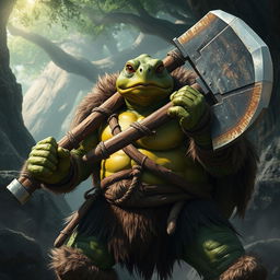 A powerful green snapping turtle warrior donning fur garments, exuding a formidable presence as it brandishes a massive axe