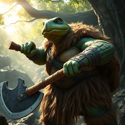 A powerful green snapping turtle warrior donning fur garments, exuding a formidable presence as it brandishes a massive axe