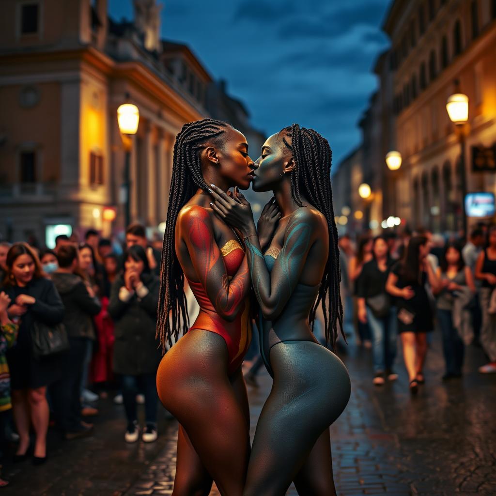 Two skinny twin black women with long legs and beautifully braided hair, adorned with artistic body paint, sharing a passionate kiss in the lively streets of Rome at night