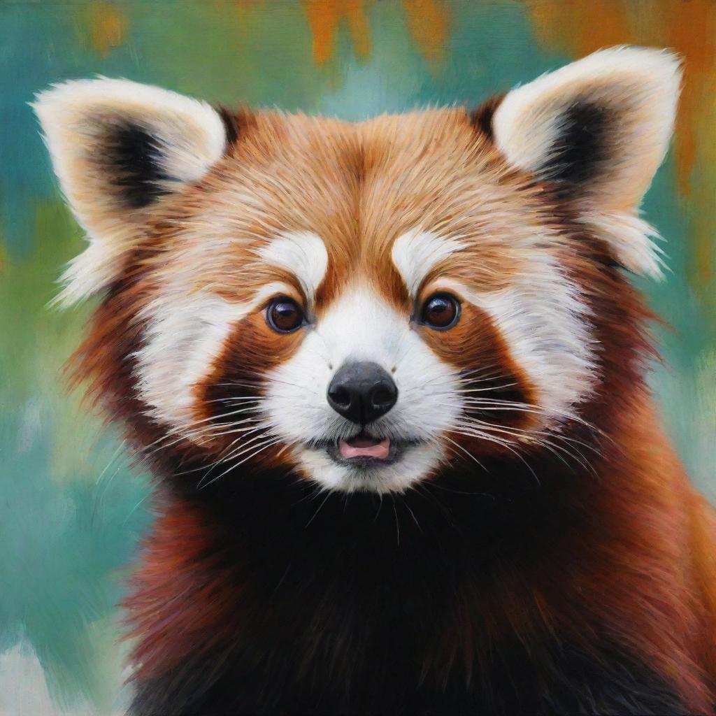 Create an expressive painting of a super cute red panda, utilizing lively colors and a playful composition to emphasize its endearing qualities and delightful character.