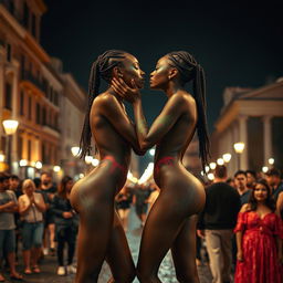 Two skinny twin black women with long legs and beautifully braided hair, adorned with artistic body paint, sharing a passionate kiss in the lively streets of Rome at night