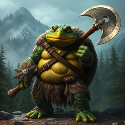 A green snapping turtle barbarian in fur clothes, standing confidently while holding a giant axe