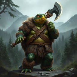 A green snapping turtle barbarian in fur clothes, standing confidently while holding a giant axe