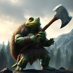 A green snapping turtle barbarian in fur clothes, standing confidently while holding a giant axe