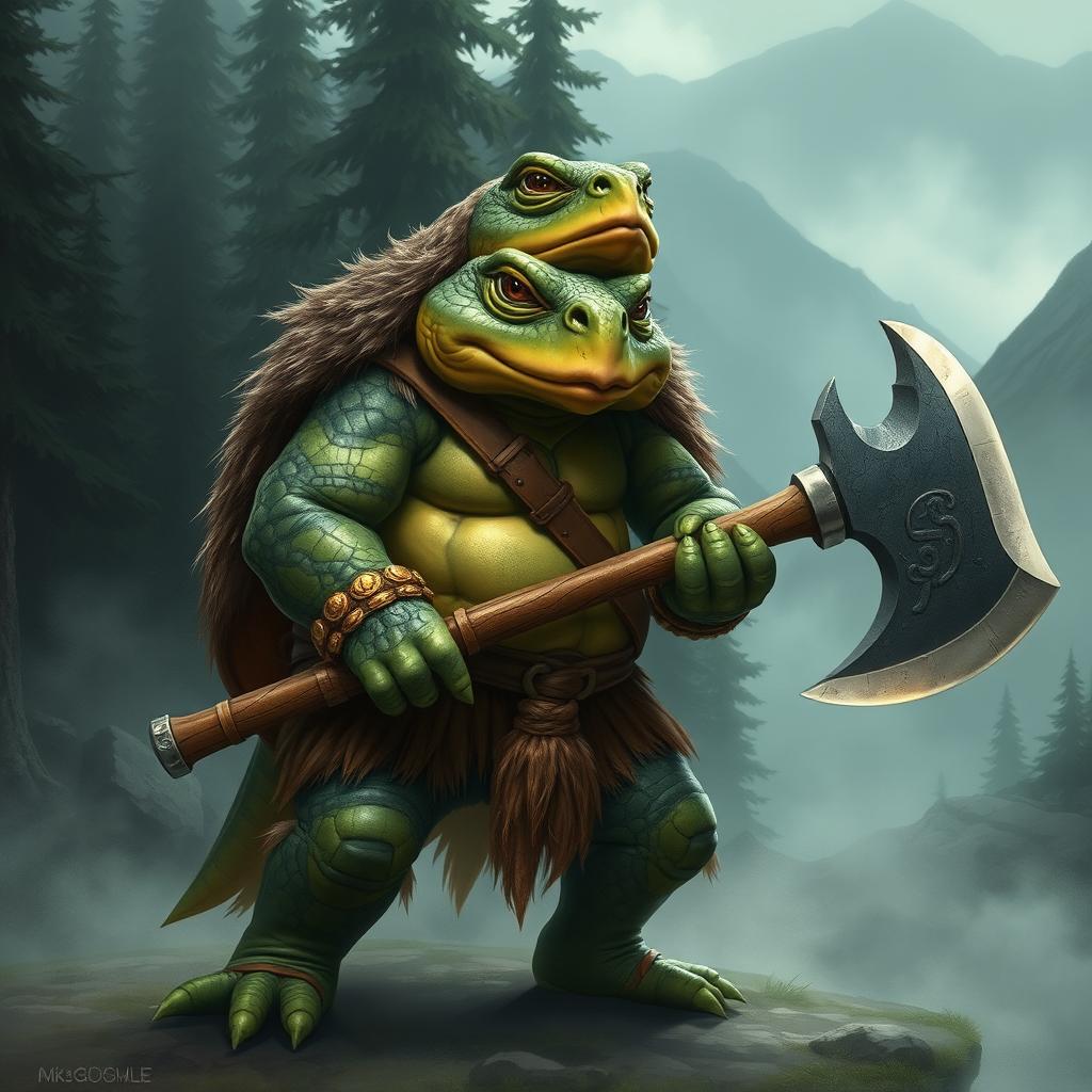 A green snapping turtle barbarian in fur clothes, standing confidently while holding a giant axe