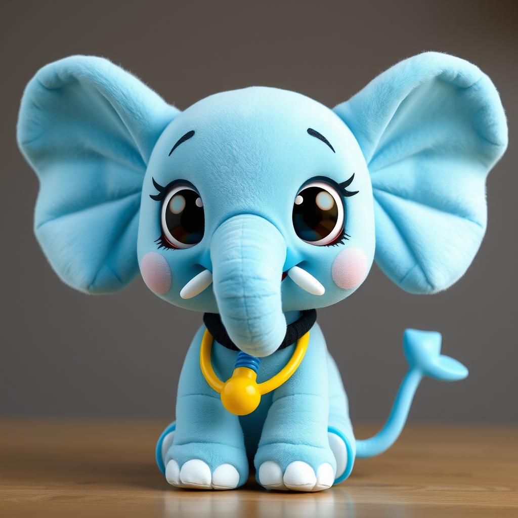 An anthropomorphic toy elephant woman with a sky blue color, featuring large elephant ears