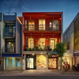 Generate an image of a two-story building with vibrant, bustling shops at the ground floor and a cozy, well-lit house on the first floor.