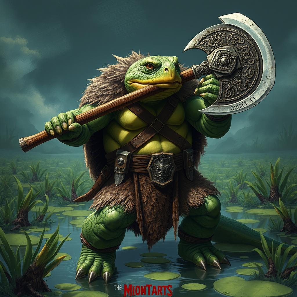 A formidable green-colored snapping turtle barbarian, showcasing its powerful build and intimidating presence