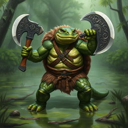 A formidable green-colored snapping turtle barbarian, showcasing its powerful build and intimidating presence