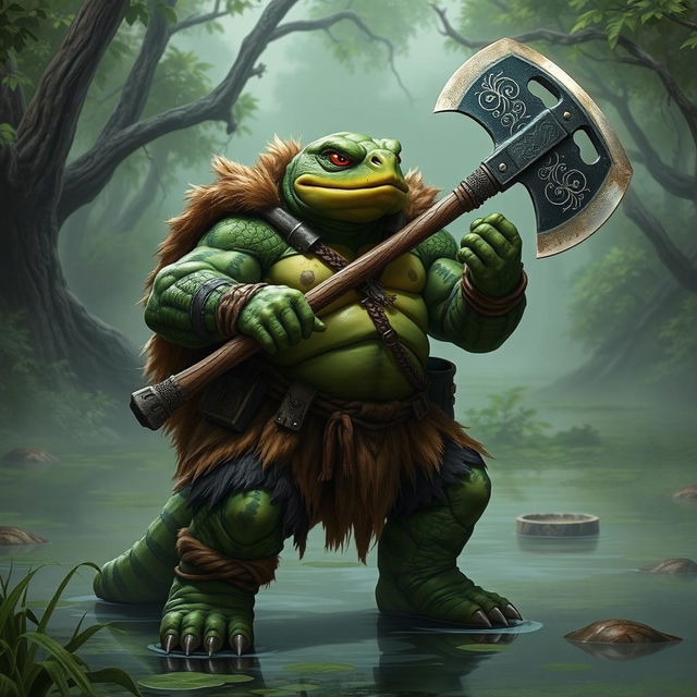 A formidable green-colored snapping turtle barbarian, showcasing its powerful build and intimidating presence