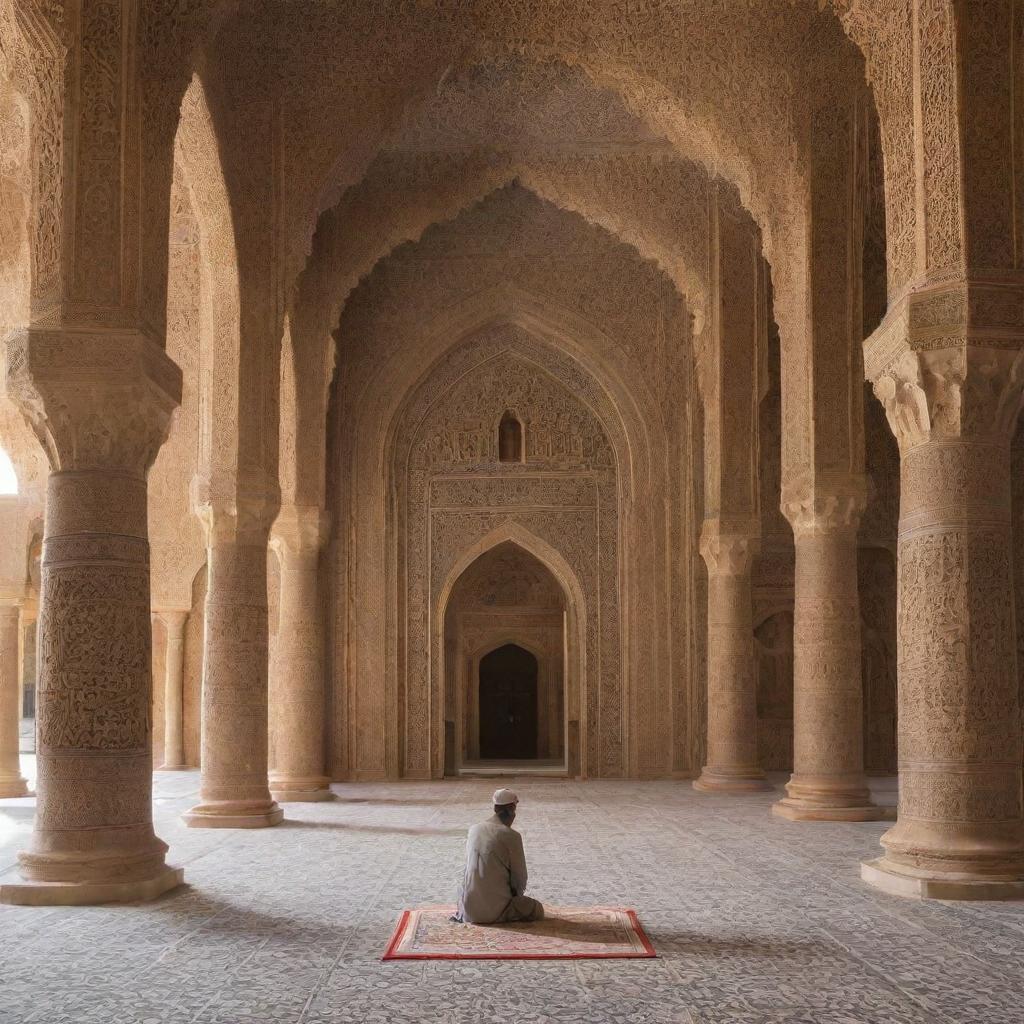 A devoted Muslim individual praying in a historical, architectural masterpiece with intricate designs, displaying attributes of ancient Islamic architecture.