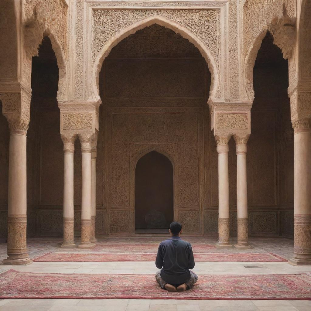 A devoted Muslim individual praying in a historical, architectural masterpiece with intricate designs, displaying attributes of ancient Islamic architecture.