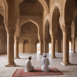 A devoted Muslim individual praying in a historical, architectural masterpiece with intricate designs, displaying attributes of ancient Islamic architecture.