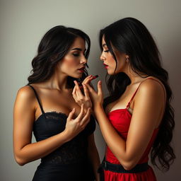 A hyperrealistic full-length picture of two attractive women wearing black and red erotic clothing