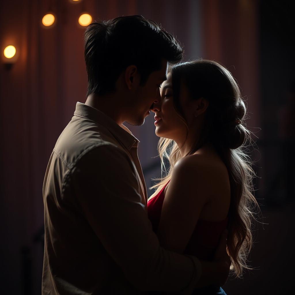 A romantic and intimate scene featuring a couple in an embrace, conveying deep connection and affection in a dimly lit, softly focused setting