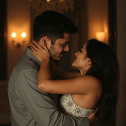 A romantic and intimate scene featuring a couple in an embrace, conveying deep connection and affection in a dimly lit, softly focused setting